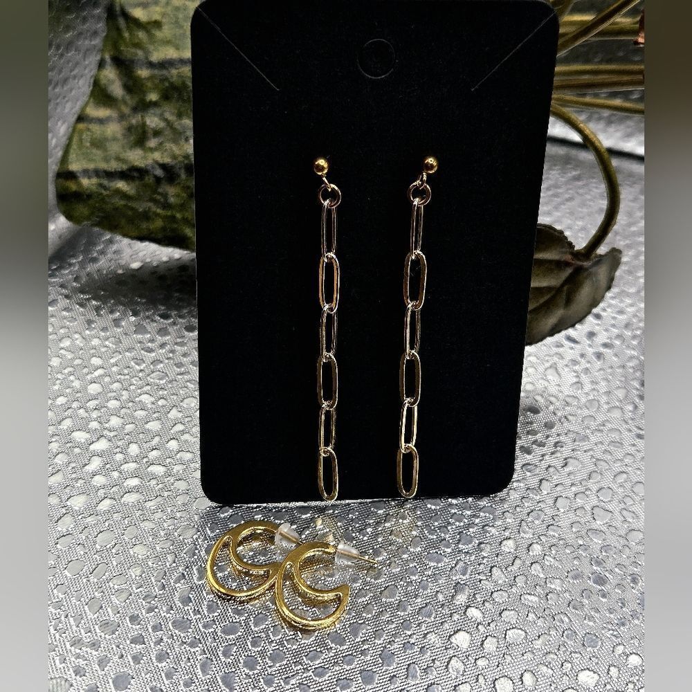 "5/$25" Set Of 2 Pairs Goldtone Post Earrings Chain Dangles/Half Moon Hoops